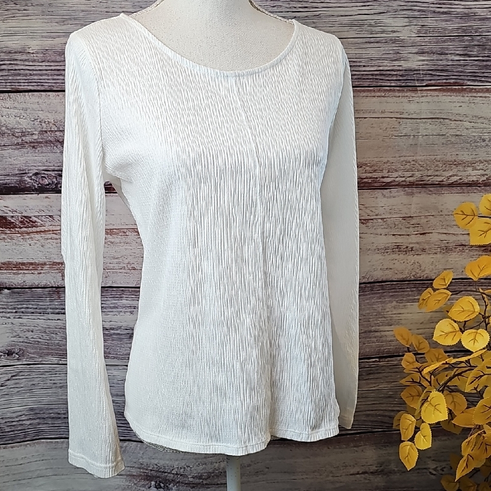 NEW BELLE BY KIM GRAVEL WHITE LONG ROLL-TAB SLEEVE PULLOVER TOP BLOUSE